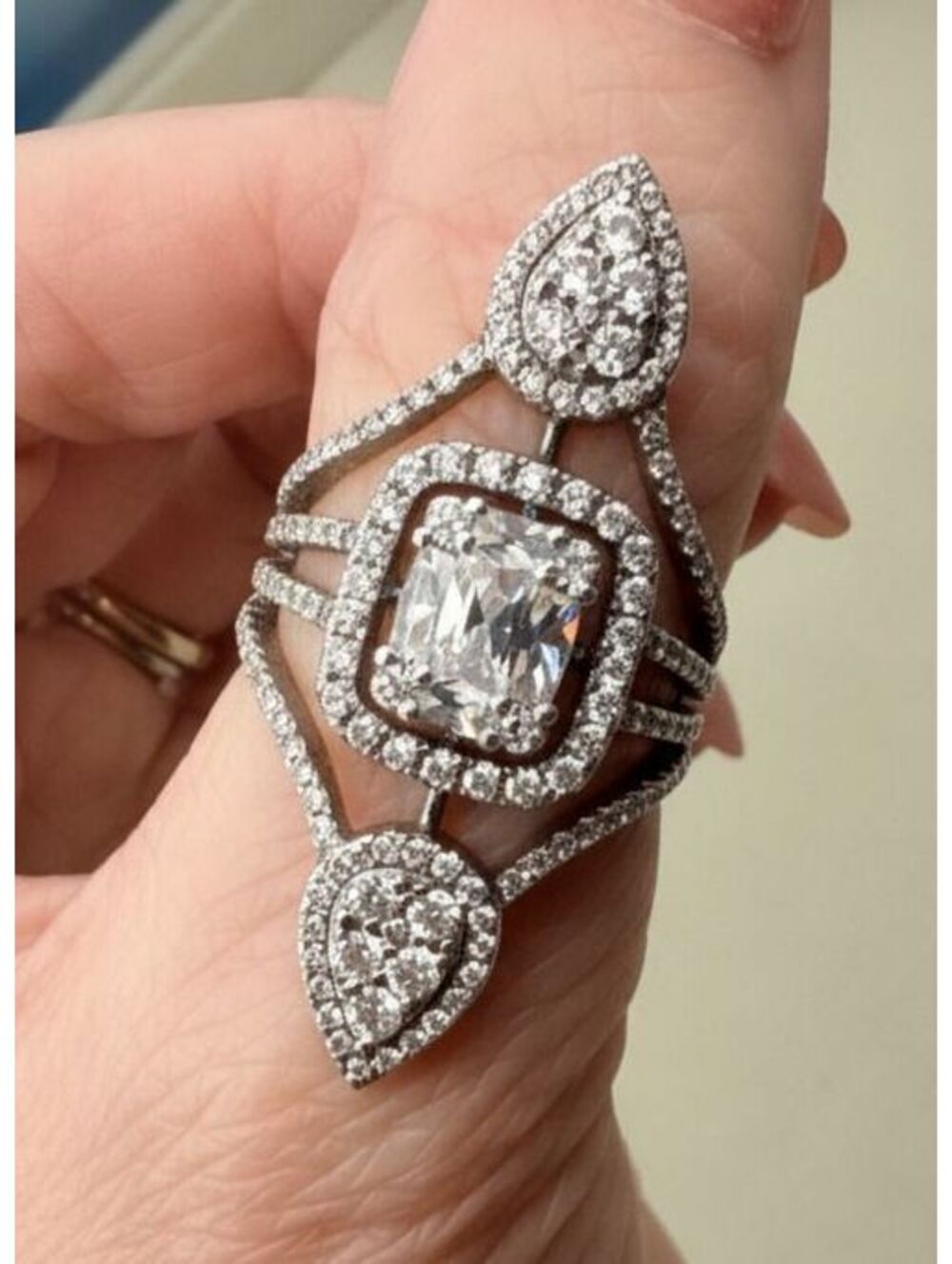 925 Sterling Silver Halo Ring Size 6 Square Center Pear Side Stones